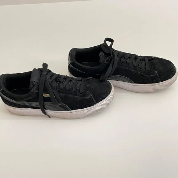 Puma Black Suede Vikky White Platform Low Top Sporty Comfort Leather Sneakers  8 - Picture 4 of 13